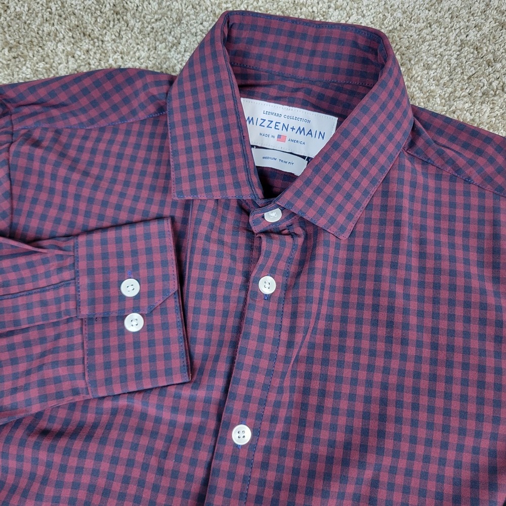 Mizzen + Main Leeward Mens Medium Red Navy Gingham Check Performance Button Up